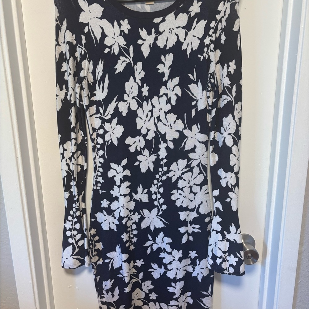 Michael Kors Navy Blue and White Floral Long Sleeve Mini Dress